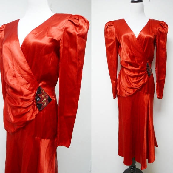 Vintage Dresses & Skirts - VTG 80s red satin overlap front beaded dress